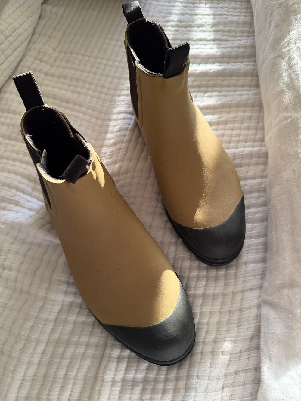 Everlane Two-Tone Chelsea Rain Booties in Tan and Black